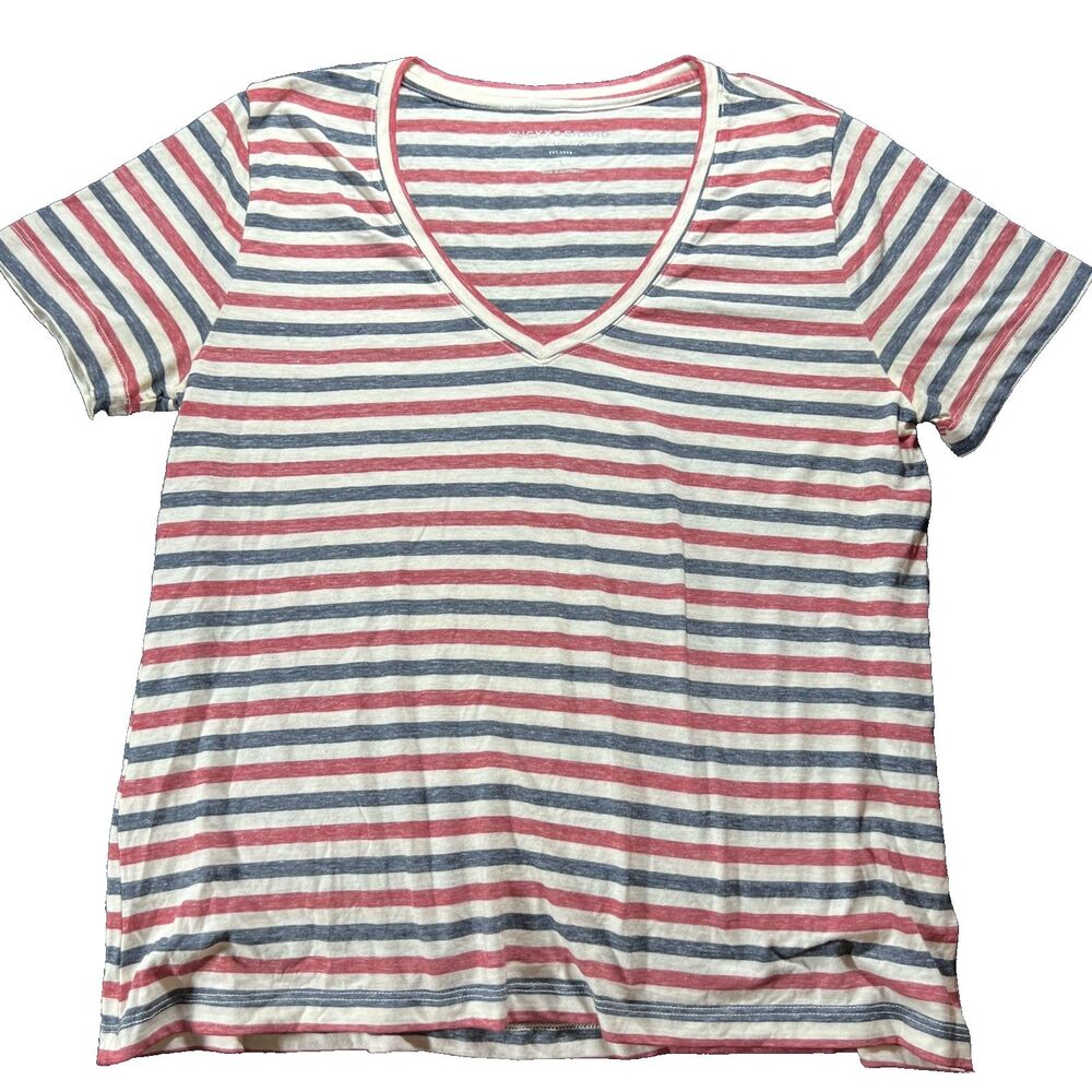 Women's Lucky Brand Venice Burnout Red Blue & Ivory Stripe Tee Shirt Top Large